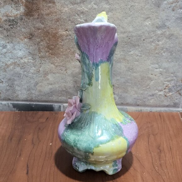 Vintage Floral Rose Pitcher Footed Vase With Handle - Picture 5 of 12